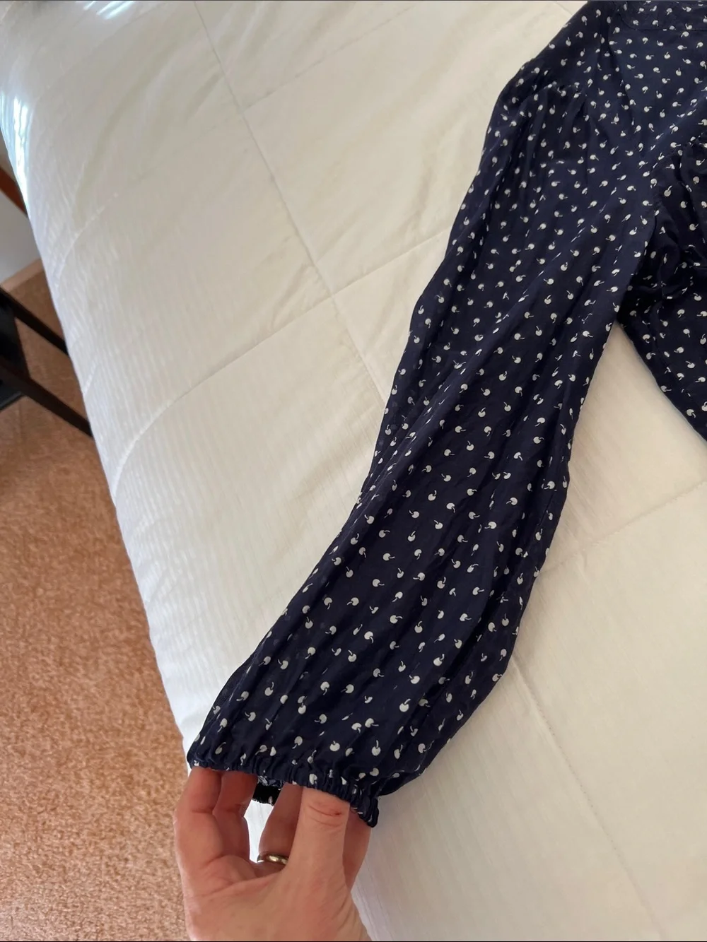 J. Crew Navy Blue Ruffle Front Blouse with White Cherry Print- slightly sheer - Picture 5 of 8